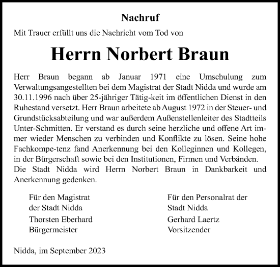 Traueranzeige von Norbert Braun von Kreis-Anzeiger