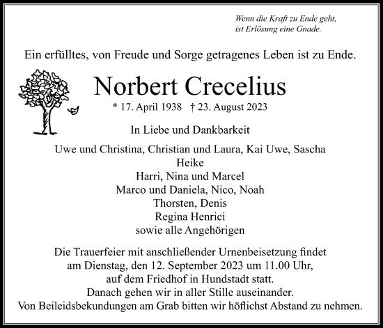 Traueranzeige von Norbert Crecelius von Usinger Anzeiger