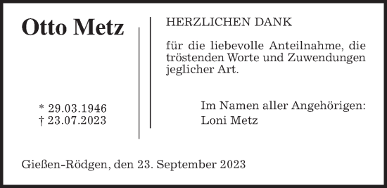 Traueranzeige von Otto Metz von Giessener Allgemeine, Alsfelder Allgemeine, Giessener Anzeiger