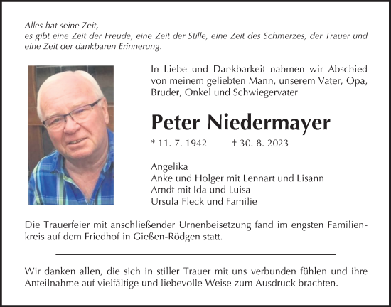 Traueranzeige von Peter Niedermayer von Giessener Allgemeine, Alsfelder Allgemeine, Giessener Anzeiger