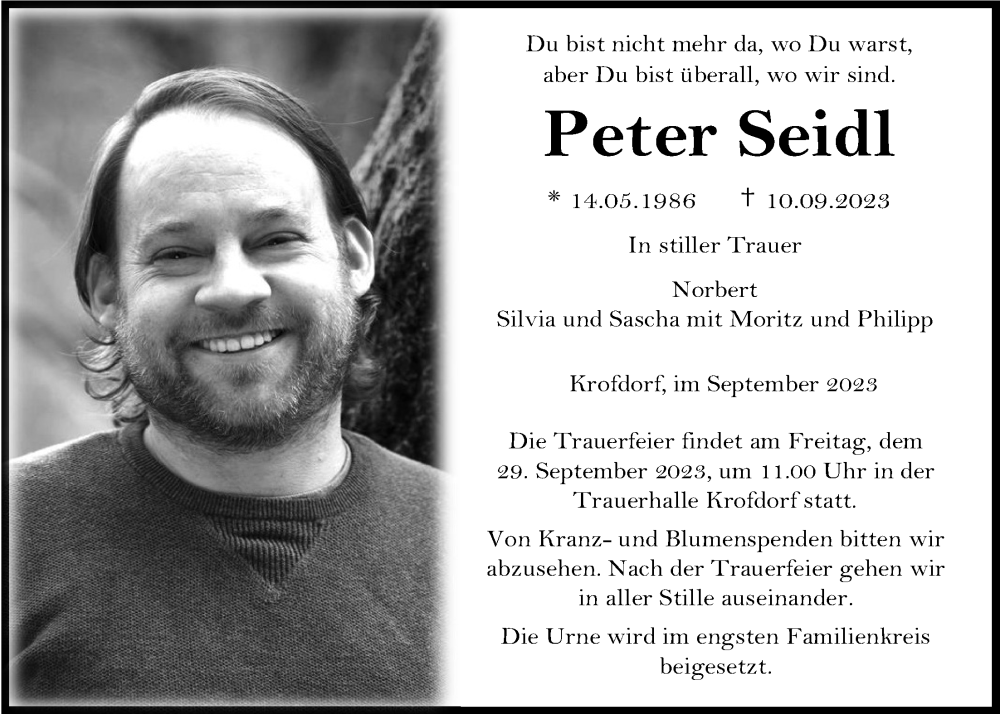  Traueranzeige für Peter Seidl vom 23.09.2023 aus Giessener Allgemeine, Alsfelder Allgemeine, Giessener Anzeiger