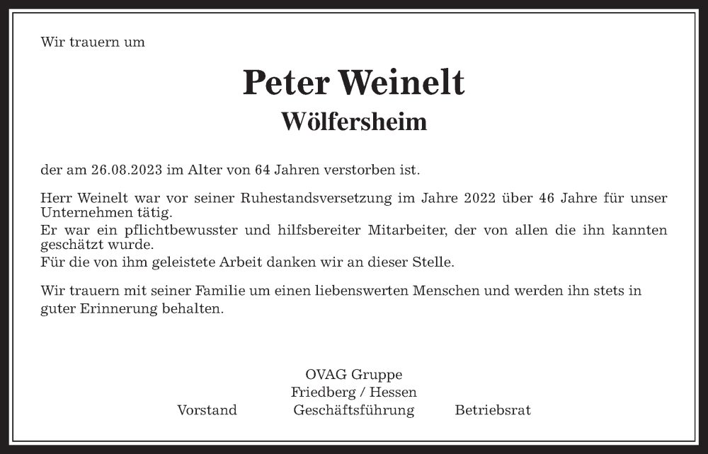  Traueranzeige für Peter Weinelt vom 02.09.2023 aus Wetterauer Zeitung