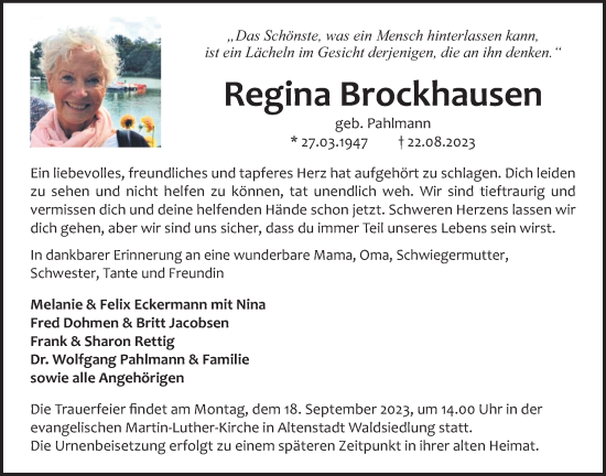 Traueranzeige von Regina Brockhausen von Kreis-Anzeiger