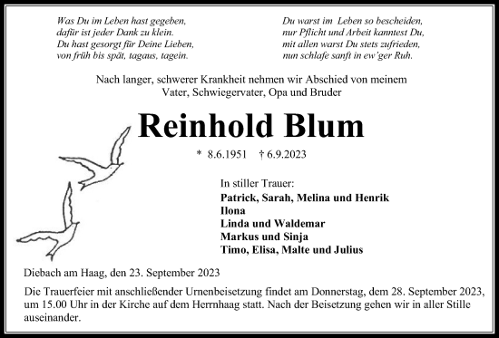 Traueranzeige von Reinhold Blum von Kreis-Anzeiger