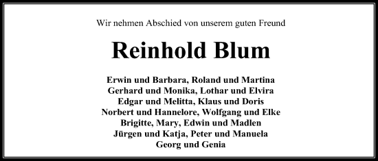 Traueranzeige von Reinhold Blum von Kreis-Anzeiger