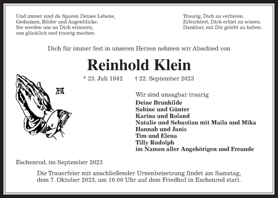 Traueranzeige von Reinhold Klein von Kreis-Anzeiger