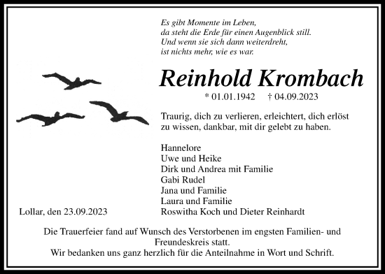 Traueranzeige von Reinhold Krombach von Giessener Allgemeine, Alsfelder Allgemeine