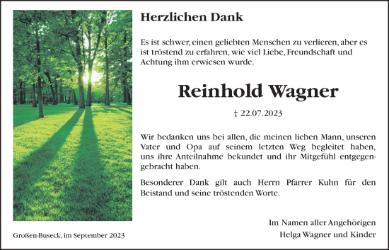Traueranzeige von Reinhold Wagner von Giessener Allgemeine, Alsfelder Allgemeine, Giessener Anzeiger
