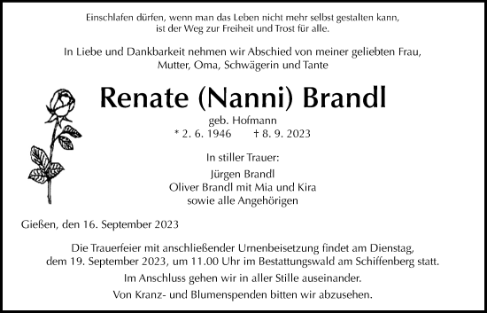 Traueranzeige von Renate Brandl von Giessener Allgemeine, Alsfelder Allgemeine, Giessener Anzeiger