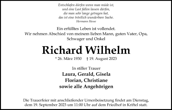 Traueranzeige von Richard Wilhelm 