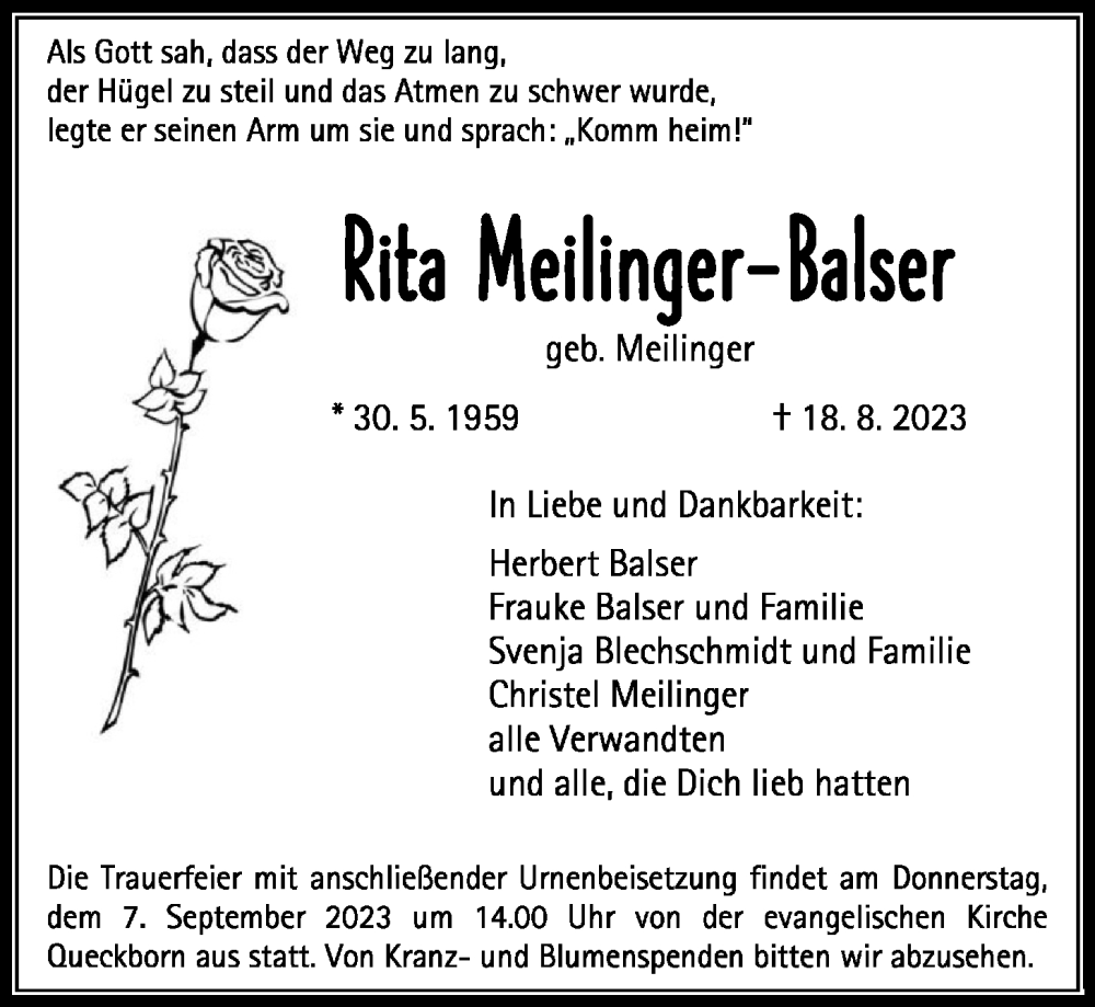  Traueranzeige für Rita Meilinger-Balser vom 02.09.2023 aus Giessener Anzeiger, Giessener Allgemeine, Alsfelder Allgemeine