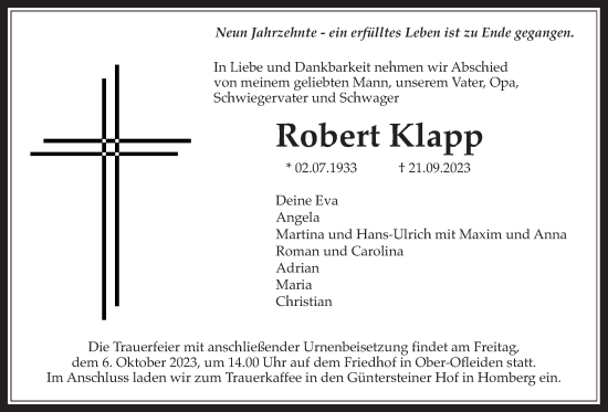 Traueranzeige von Robert Klapp von Alsfelder Allgemeine