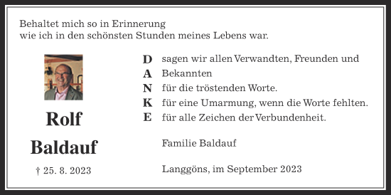 Traueranzeige von Rolf Baldauf von Giessener Allgemeine, Alsfelder Allgemeine, Giessener Anzeiger