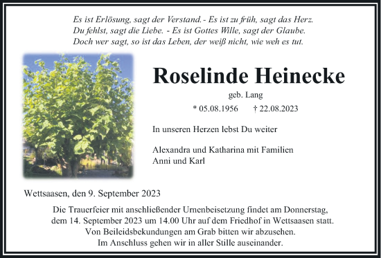 Traueranzeige von Roselinde Heinecke von Giessener Allgemeine, Alsfelder Allgemeine