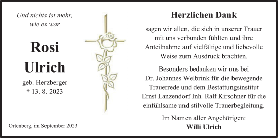 Traueranzeige von Rosi Ulrich von Kreis-Anzeiger