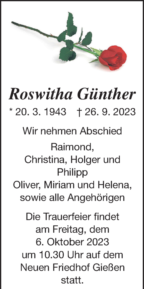 Traueranzeige von Roswitha Günther von Giessener Anzeiger