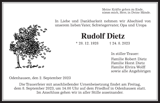 Traueranzeige von Rudolf Dietz von Giessener Allgemeine, Alsfelder Allgemeine