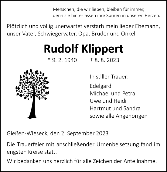 Traueranzeige von Rudolf Klippert von Giessener Allgemeine, Alsfelder Allgemeine
