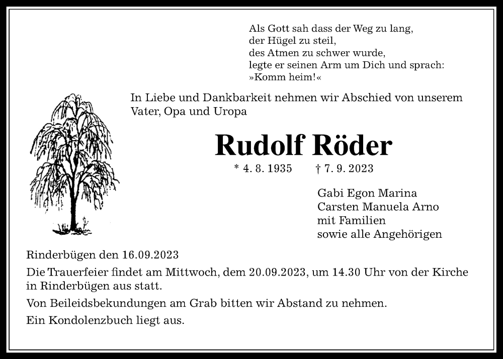  Traueranzeige für Rudolf Röder vom 16.09.2023 aus Kreis-Anzeiger