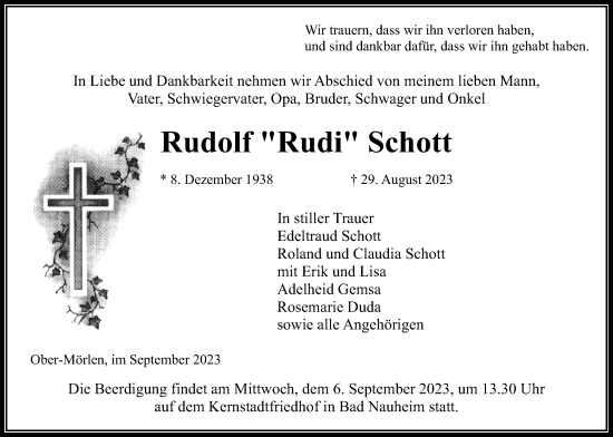 Traueranzeige von Rudolf Schott von Wetterauer Zeitung