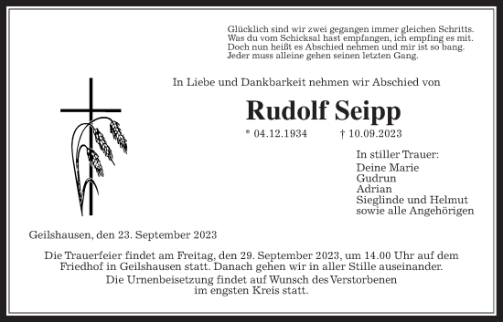 Traueranzeige von Rudolf Seipp von Giessener Allgemeine, Alsfelder Allgemeine