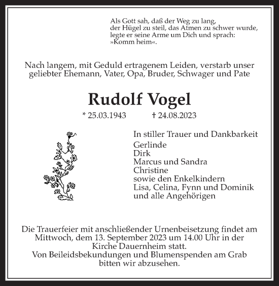 Traueranzeige von Rudolf Vogel von Wetterauer Zeitung, Kreis-Anzeiger