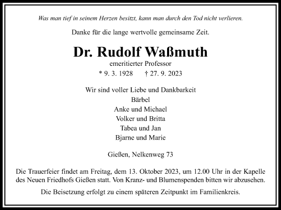 Traueranzeige von Rudolf Waßmuth von Giessener Anzeiger, Giessener Allgemeine, Alsfelder Allgemeine