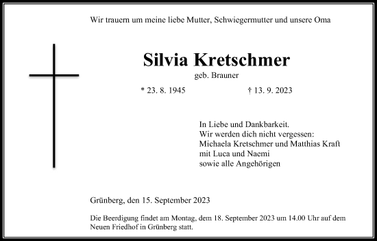 Traueranzeige von Silvia Kretschmer von Giessener Allgemeine, Alsfelder Allgemeine, Giessener Anzeiger