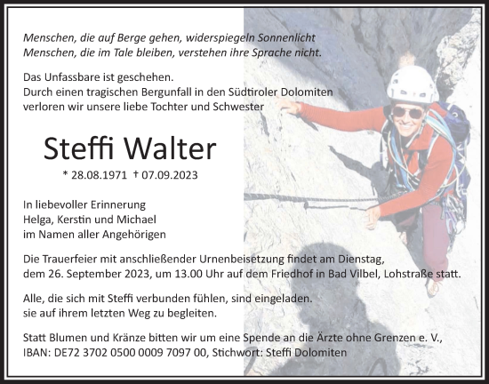Traueranzeige von Steffi Walter von Bad Vilbel/Karben