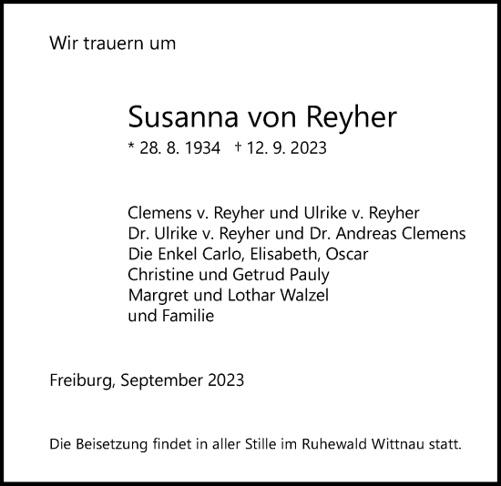 Traueranzeige von Susanna von Reyher von Wetterauer Zeitung