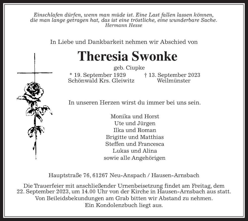  Traueranzeige für Theresia Swonke vom 19.09.2023 aus Usinger Anzeiger
