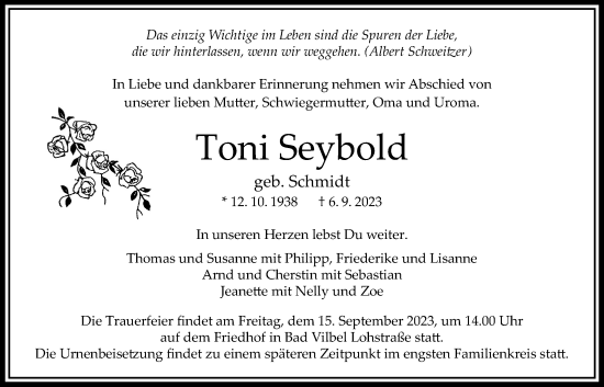 Traueranzeige von Toni Seybold von Bad Vilbel/Karben