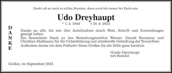 Traueranzeige von Udo Dreyhaupt von Giessener Allgemeine, Alsfelder Allgemeine, Giessener Anzeiger