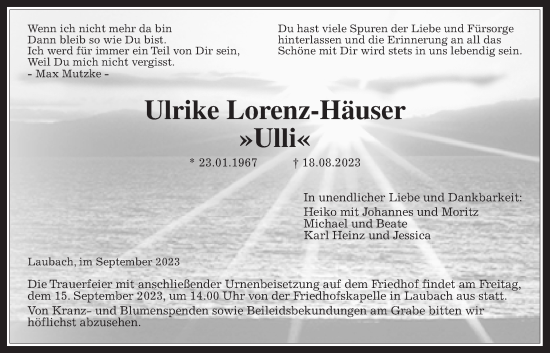 Traueranzeige von Ulrike Lorenz-Häuser von Laubacher Anzeiger, Giessener Allgemeine, Alsfelder Allgemeine