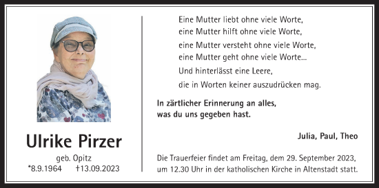Traueranzeige von Ulrike Pirzer von Wetterauer Zeitung, Kreis-Anzeiger