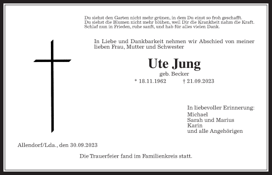 Traueranzeige von Ute Jung von Giessener Anzeiger, Giessener Allgemeine, Alsfelder Allgemeine