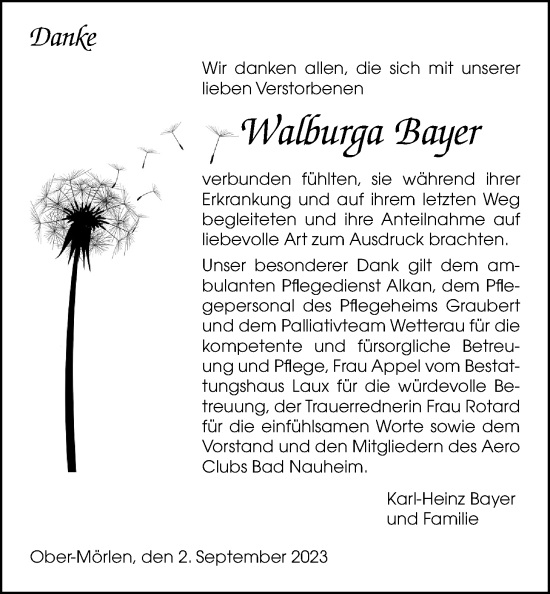 Traueranzeige von Walburga Bayer von Wetterauer Zeitung
