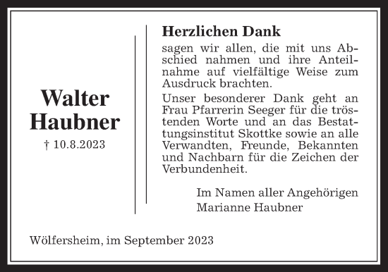 Traueranzeige von Walter Haubner von Wetterauer Zeitung