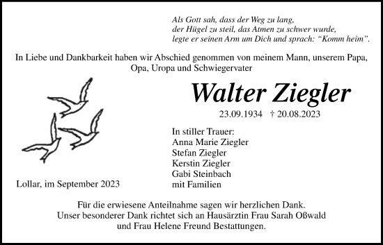 Traueranzeige von Walter Ziegler von Giessener Allgemeine, Alsfelder Allgemeine