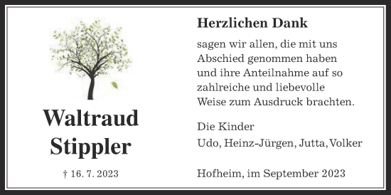Traueranzeige von Waltraud Stippler 