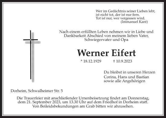 Traueranzeige von Werner Eifert von Wetterauer Zeitung