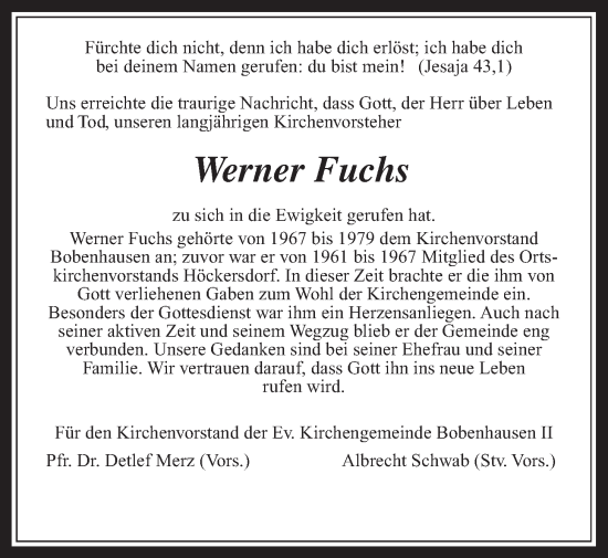 Traueranzeige von Werner Fuchs von Alsfelder Allgemeine