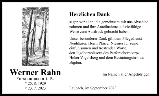 Traueranzeige von Werner Rahn von Laubacher Anzeiger, Giessener Anzeiger, Giessener Allgemeine, Alsfelder Allgemeine
