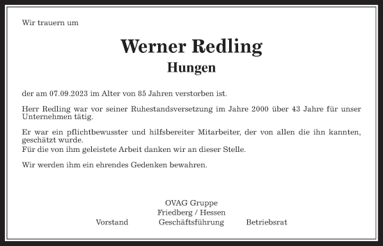 Traueranzeige von Werner Redling von Giessener Allgemeine, Alsfelder Allgemeine