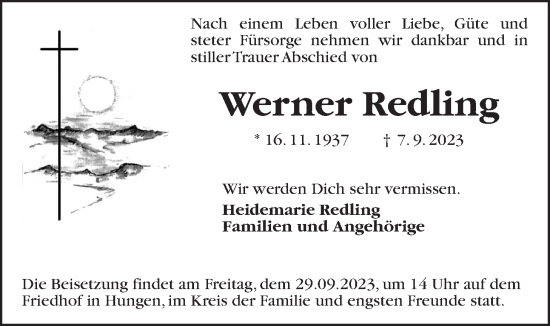 Traueranzeige von Werner Redling von Giessener Allgemeine, Alsfelder Allgemeine