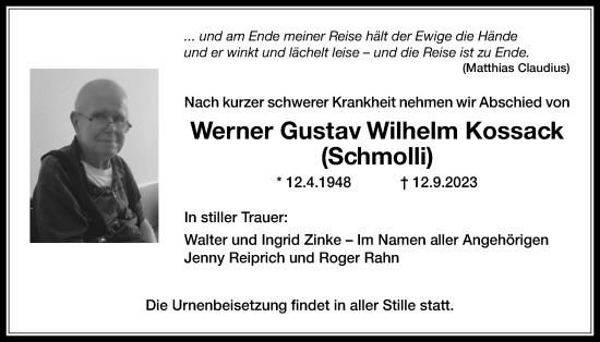 Traueranzeige von Werner Gustav Wilhelm Kossack von Licher Wochenblatt