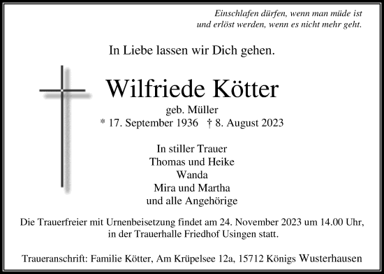 Traueranzeige von Wilfriede Kötter von Usinger Anzeiger