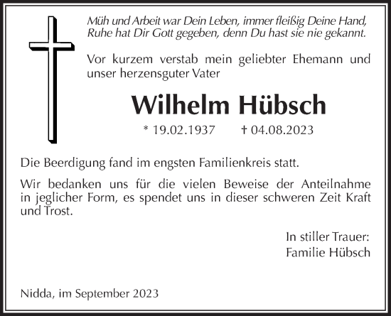 Traueranzeige von Wilhelm Hübsch von Kreis-Anzeiger