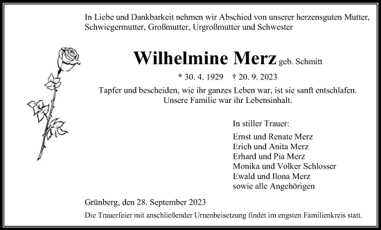 Traueranzeige von Wilhelmine Merz von Heimatzeitung Grünberg + Laubach