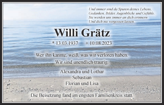 Traueranzeige von Willi Grätz von Usinger Anzeiger